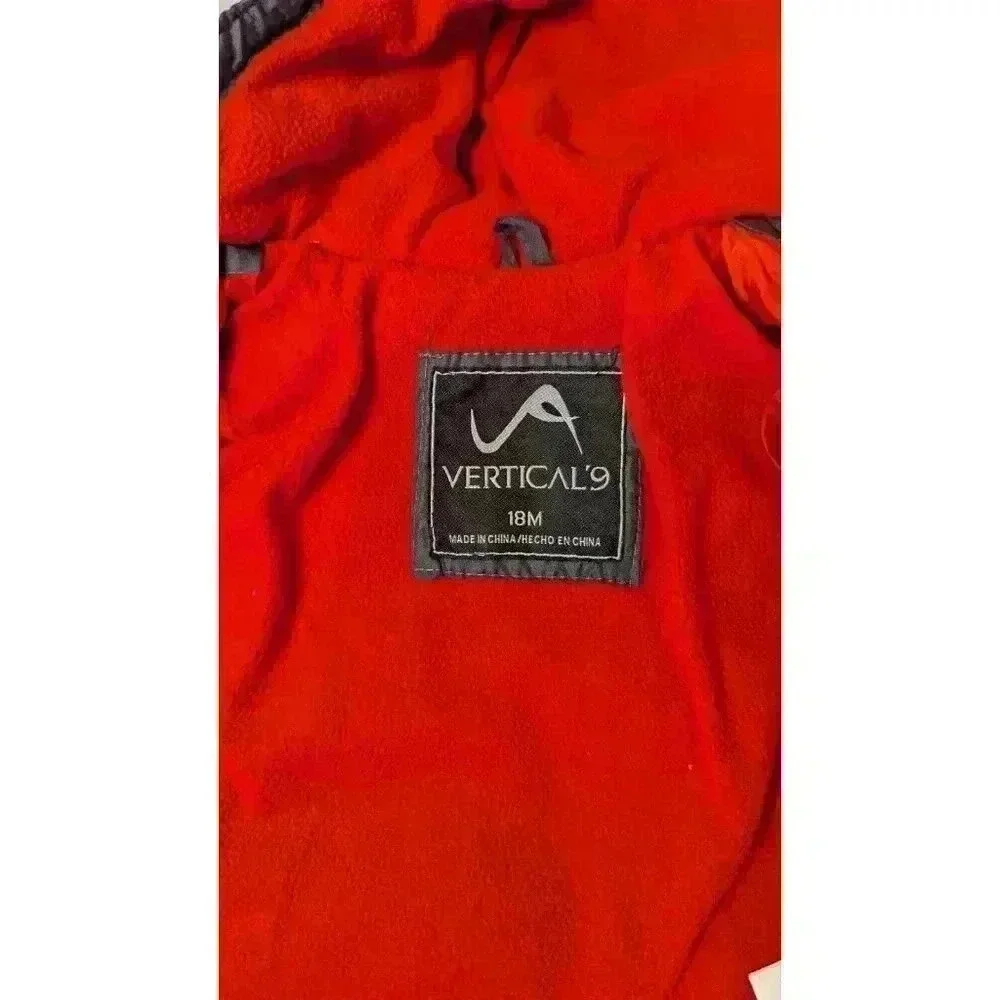 Vertical '9 Boys Lined Puffer Jacket Siz 18 Months Gray Red Hooded Pockets EUC